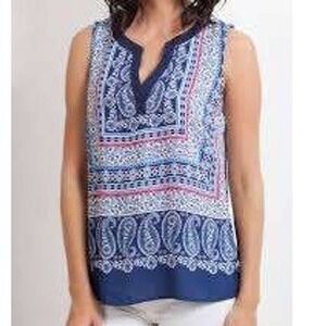 Skies are Blue Sleeveless Pullover Sheer Blue Bandana Print V-Neck Blouse Size M